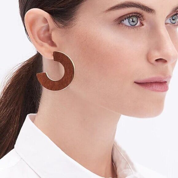 J Crew Women's Gold -Wood‎  Hoop Earrings Brown Party Prom - Picture 1 of 5